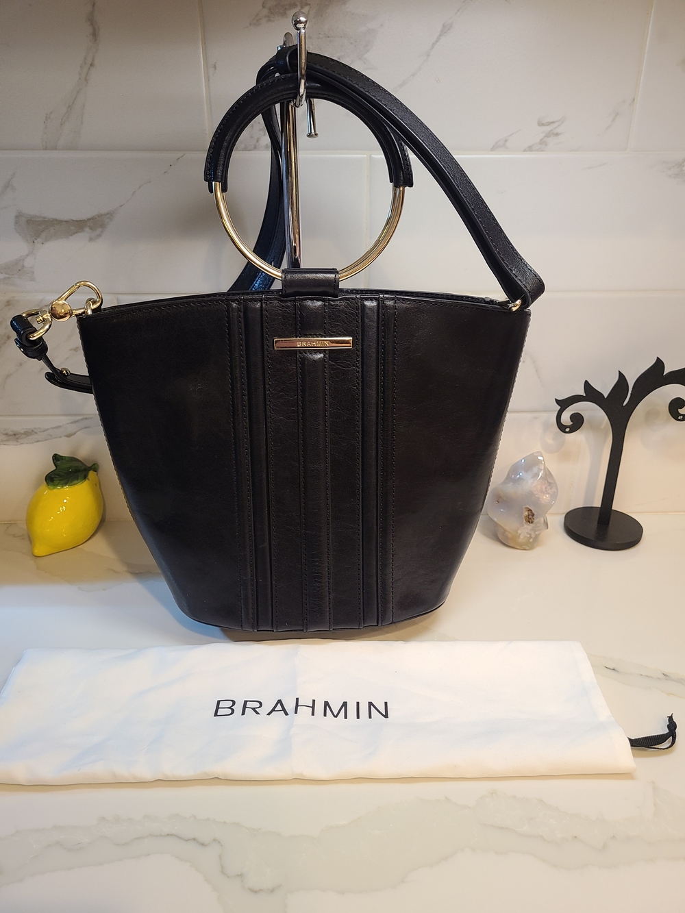 Brahmin Bowie Mod Black Topsail Ring-Handle Satchel Shoulder Bag Pristine - Picture 1 of 12